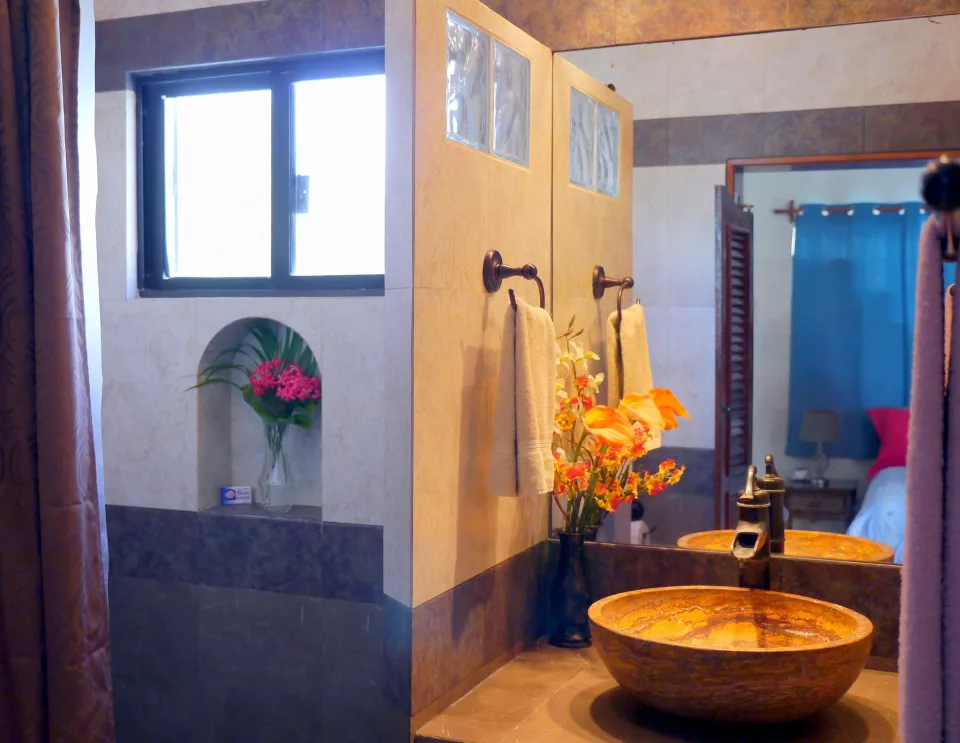 Spacious Shower & Bathroom Vanity Area — IslaMar Studio Efficiency #1EFF, In Town Villas, Cozumel