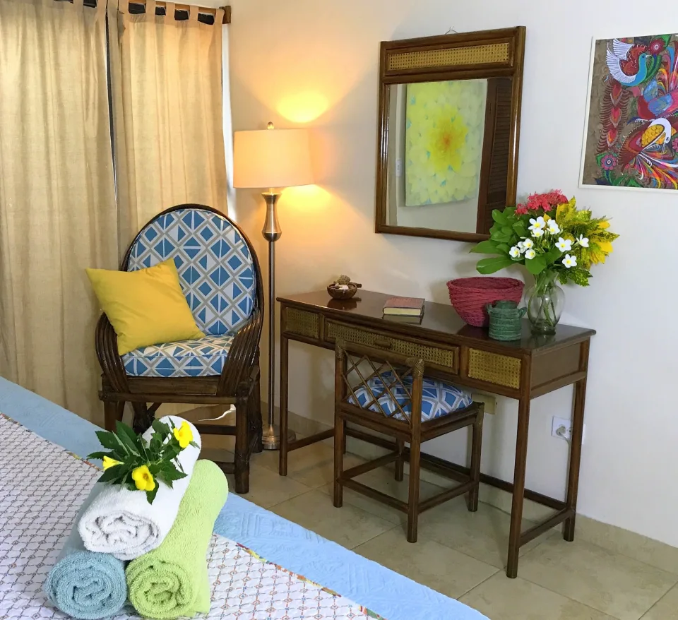 Bedroom with King Bed, Vanity Dresser & Side Chair — IslaMar Villas #4W, In Town Villas, Cozumel
