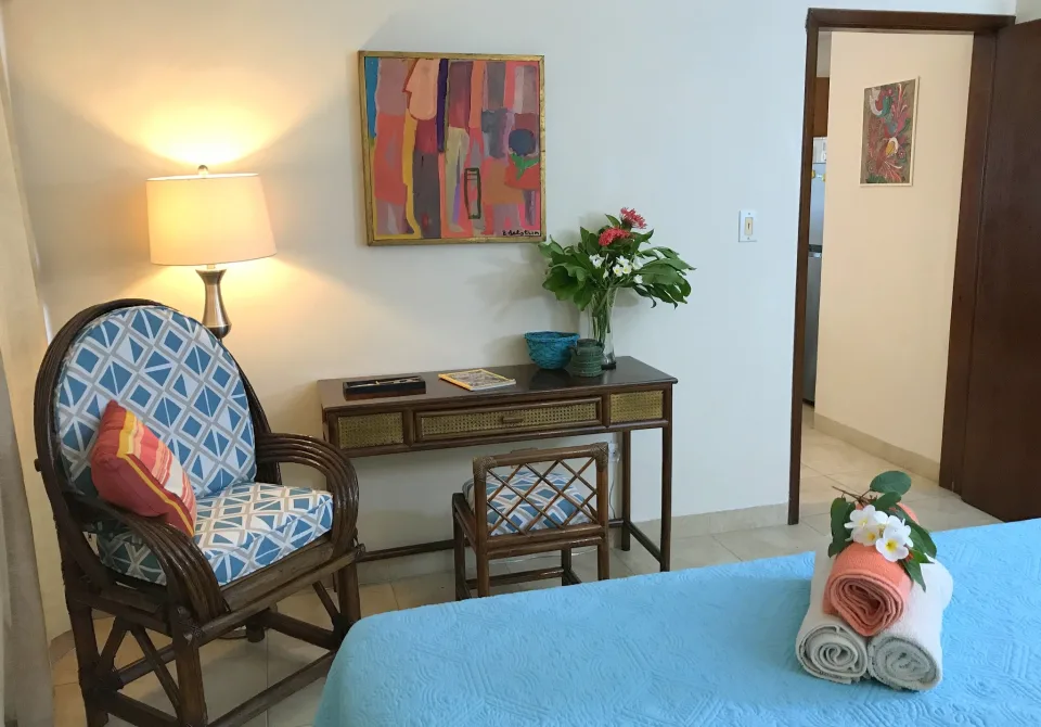 Bedroom with King Bed, Vanity Dresser & Side Chair — IslaMar Villas #3S, In Town Villas, Cozumel