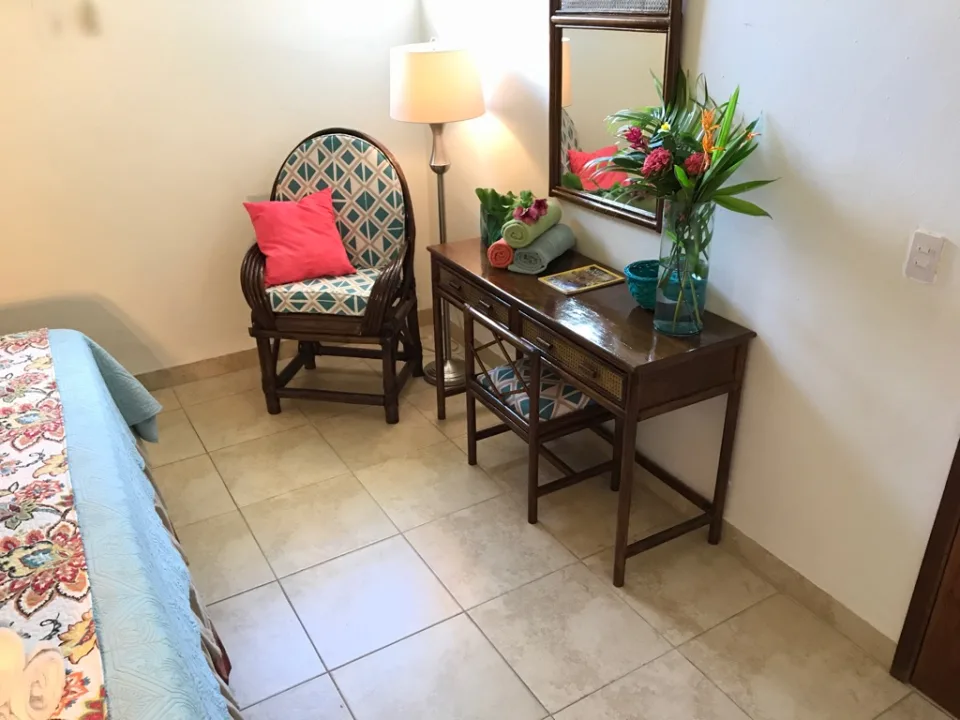 Bedroom with King Bed, Vanity Dresser & Side Chair — IslaMar Villas #2N, In Town Villas, Cozumel