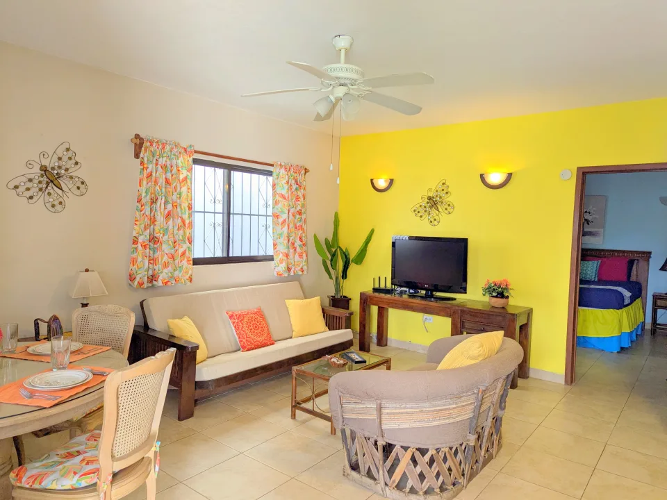 Living, Dining Area & Bedroom in Back — IslaMar Villas #6W, In Town Villas, Cozumel